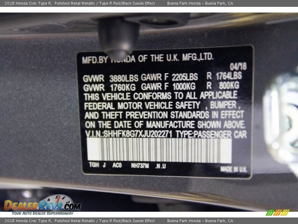 2018 Honda Civic Type R Polished Metal Metallic / Type R Red/Black Suede Effect Photo #28