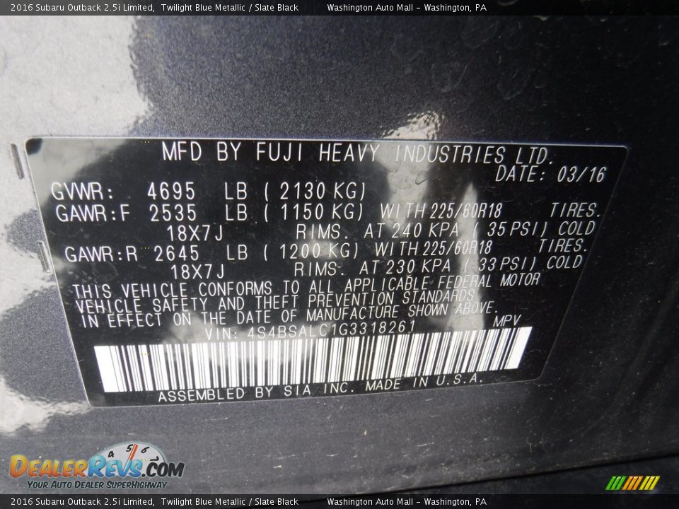 2016 Subaru Outback 2.5i Limited Twilight Blue Metallic / Slate Black Photo #25