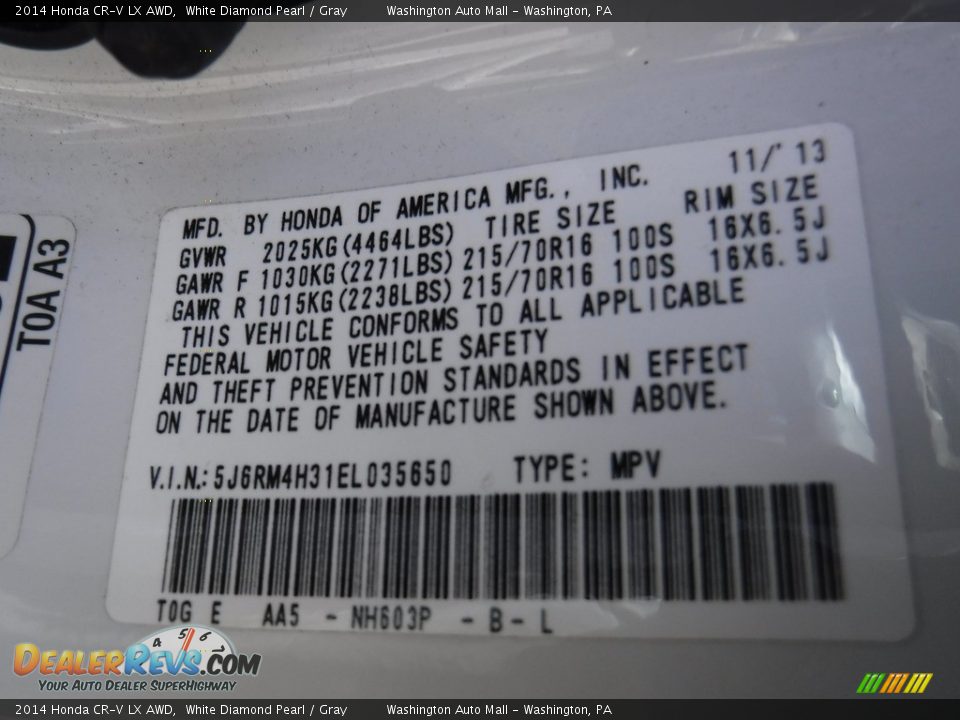 2014 Honda CR-V LX AWD White Diamond Pearl / Gray Photo #24