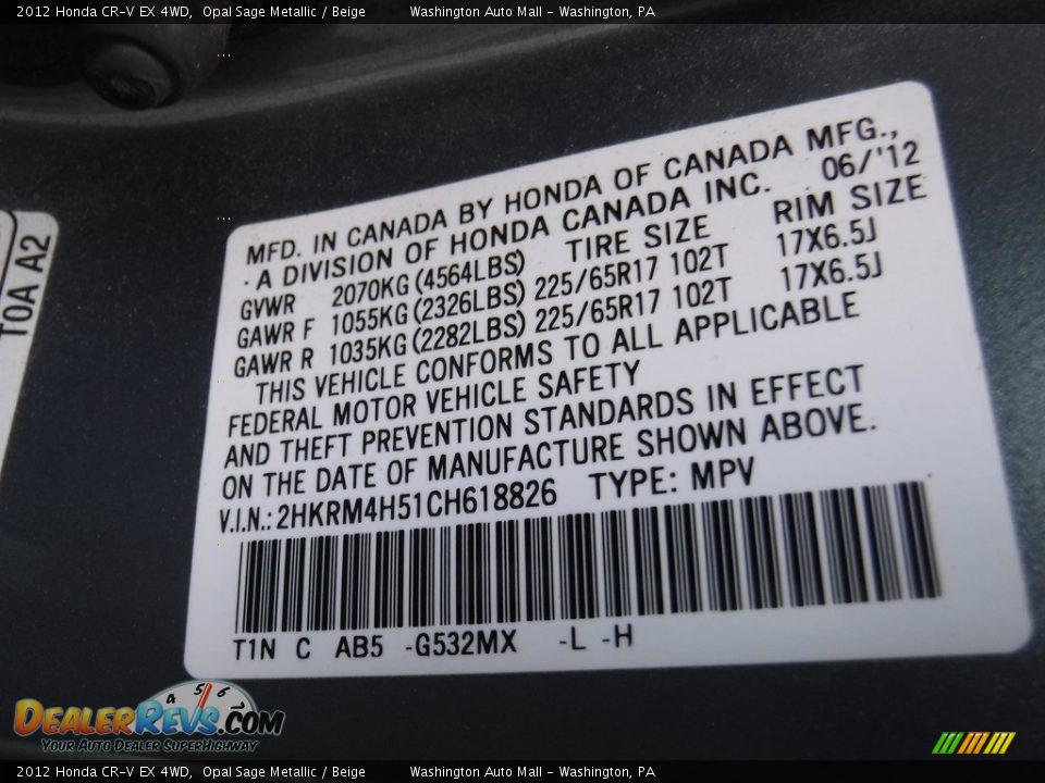 2012 Honda CR-V EX 4WD Opal Sage Metallic / Beige Photo #25