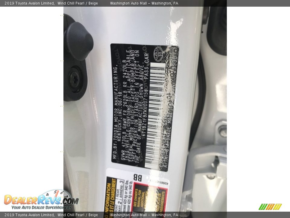2019 Toyota Avalon Limited Wind Chill Pearl / Beige Photo #21
