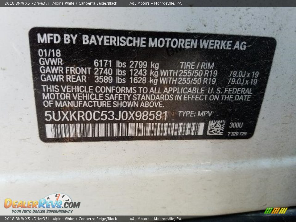 2018 BMW X5 xDrive35i Alpine White / Canberra Beige/Black Photo #17