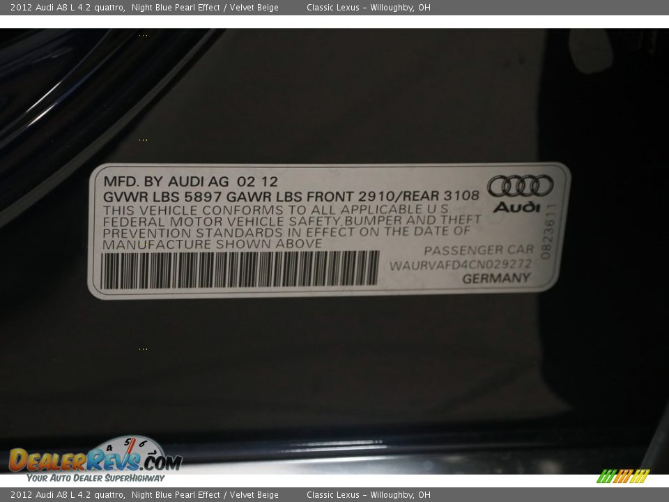 2012 Audi A8 L 4.2 quattro Night Blue Pearl Effect / Velvet Beige Photo #31