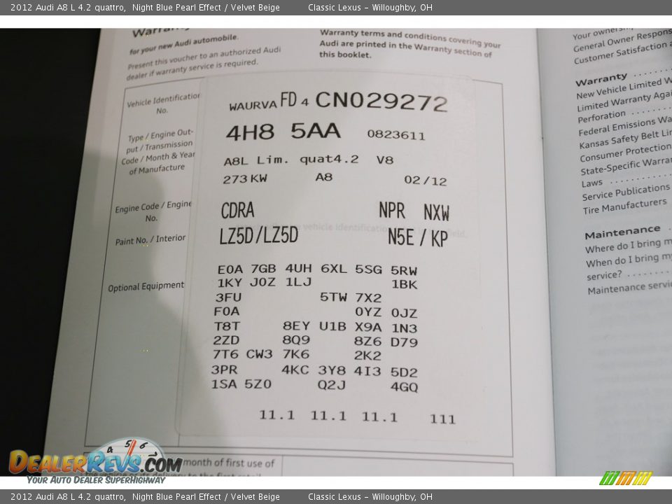 2012 Audi A8 L 4.2 quattro Night Blue Pearl Effect / Velvet Beige Photo #32