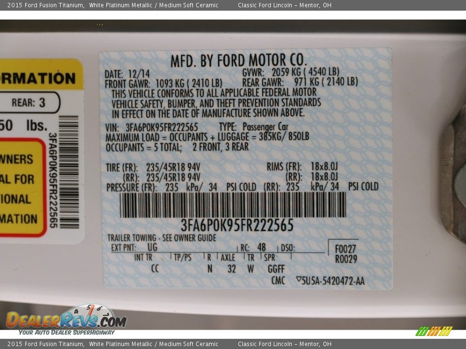2015 Ford Fusion Titanium White Platinum Metallic / Medium Soft Ceramic Photo #17