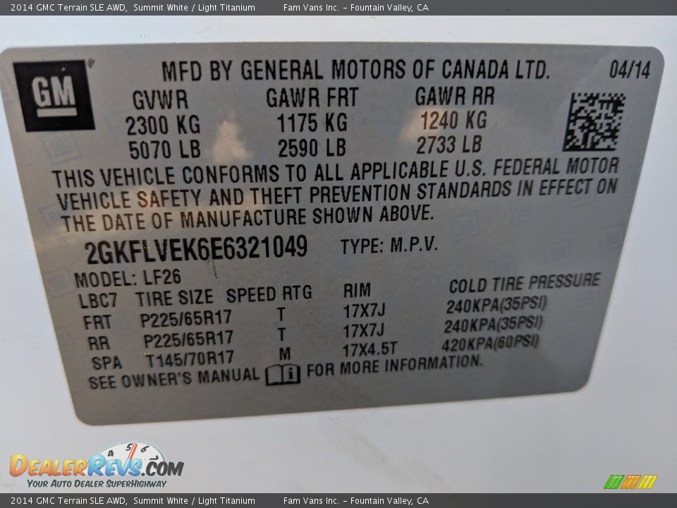 2014 GMC Terrain SLE AWD Summit White / Light Titanium Photo #14