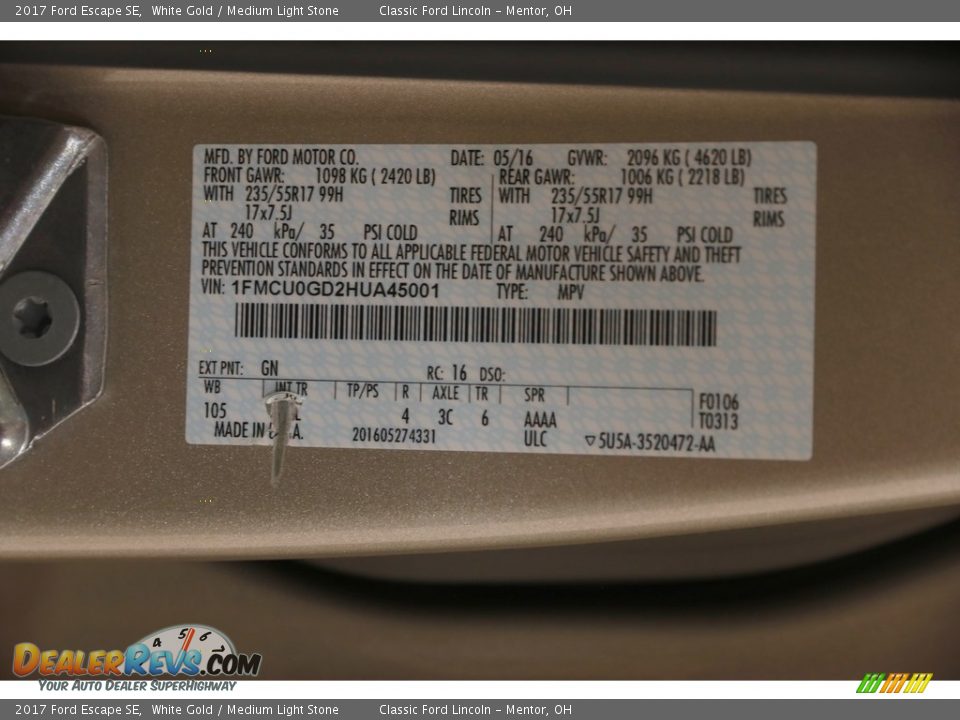 2017 Ford Escape SE White Gold / Medium Light Stone Photo #21
