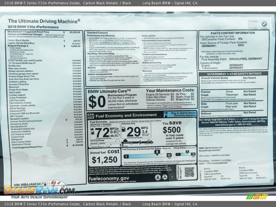 2018 BMW 5 Series 530e iPerfomance Sedan Window Sticker Photo #10