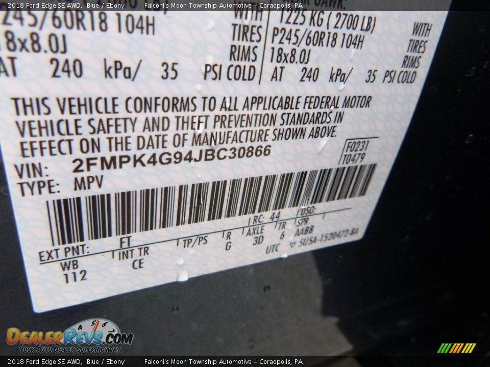 2018 Ford Edge SE AWD Blue / Ebony Photo #13