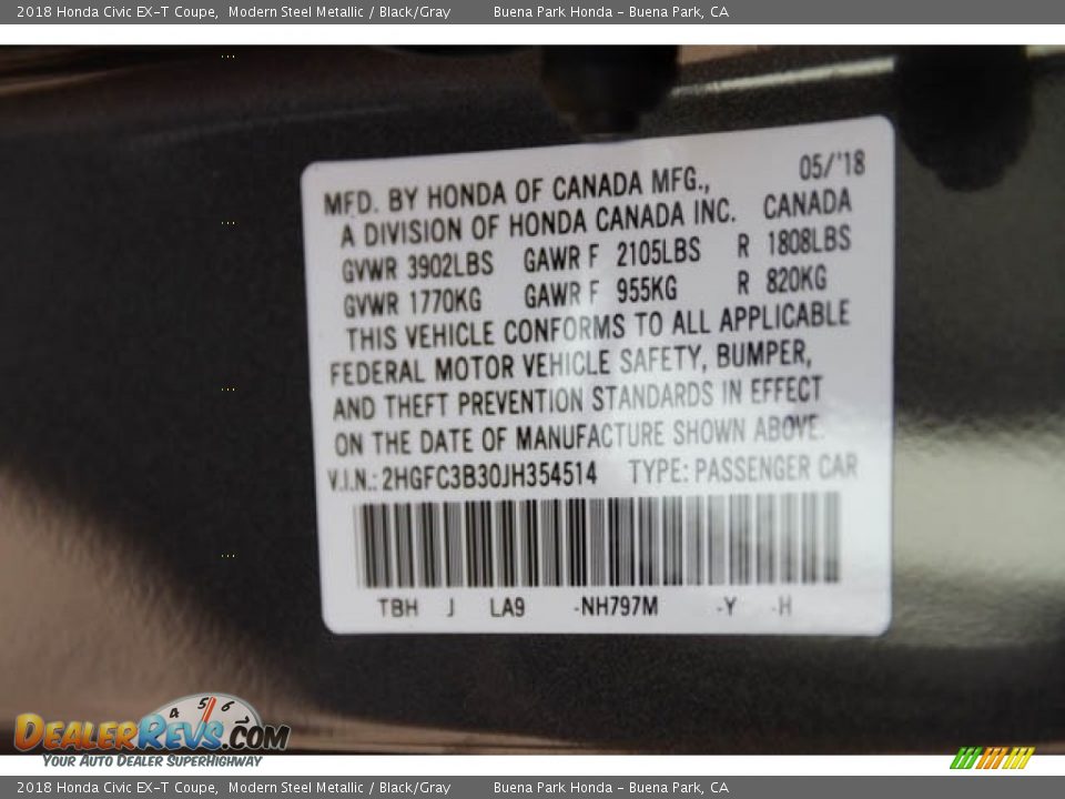 2018 Honda Civic EX-T Coupe Modern Steel Metallic / Black/Gray Photo #16