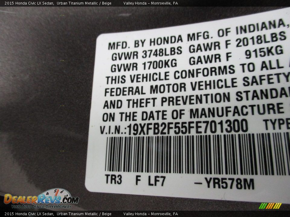 2015 Honda Civic LX Sedan Urban Titanium Metallic / Beige Photo #19