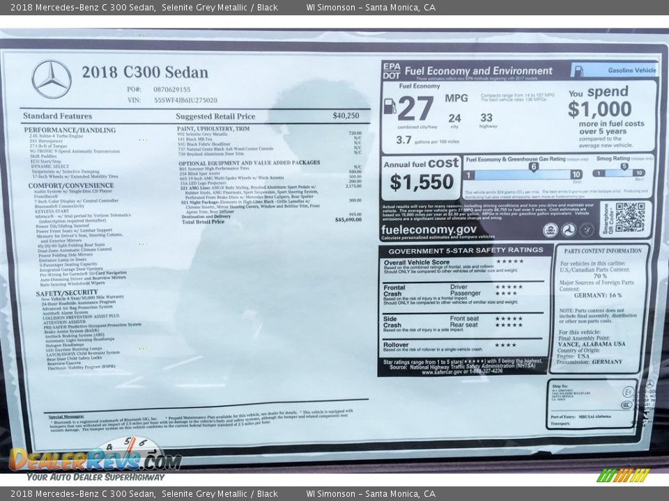 2018 Mercedes-Benz C 300 Sedan Selenite Grey Metallic / Black Photo #10