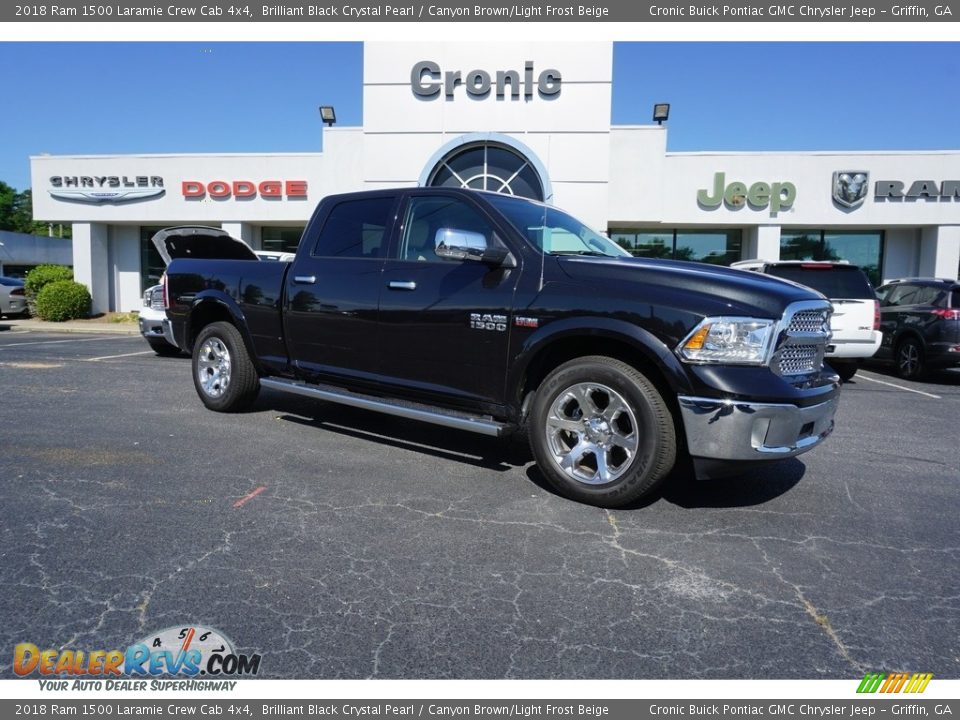 2018 Ram 1500 Laramie Crew Cab 4x4 Brilliant Black Crystal Pearl / Canyon Brown/Light Frost Beige Photo #1