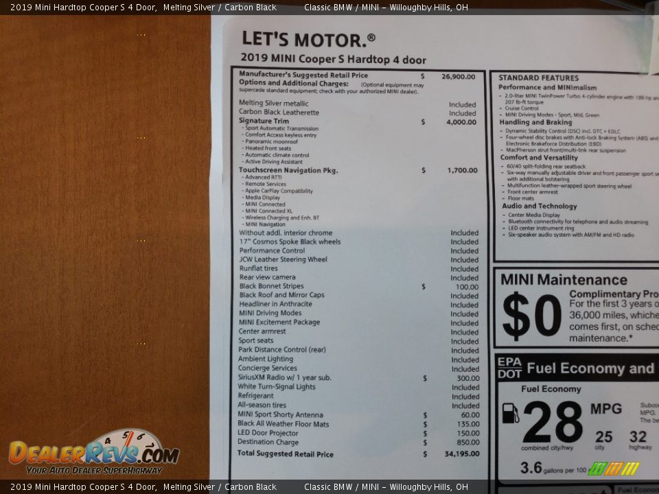 2019 Mini Hardtop Cooper S 4 Door Window Sticker Photo #9