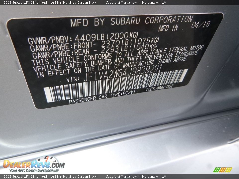 2018 Subaru WRX STI Limited Ice Silver Metallic / Carbon Black Photo #15