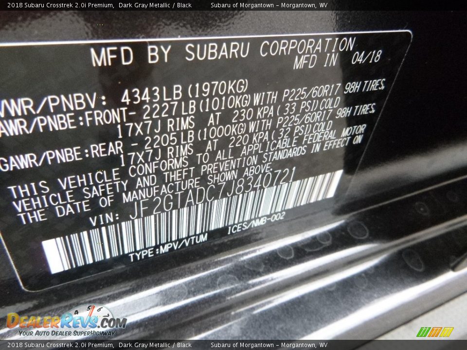 2018 Subaru Crosstrek 2.0i Premium Dark Gray Metallic / Black Photo #17
