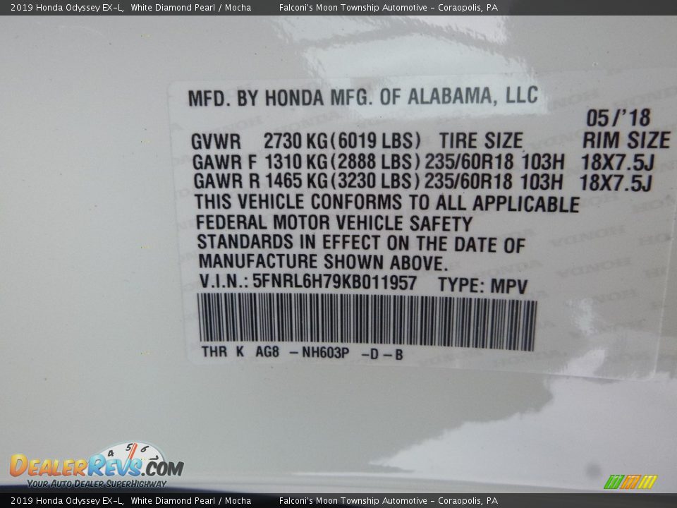 2019 Honda Odyssey EX-L White Diamond Pearl / Mocha Photo #12