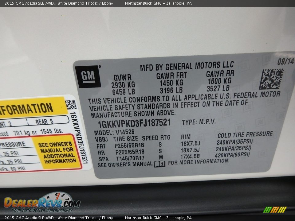 2015 GMC Acadia SLE AWD White Diamond Tricoat / Ebony Photo #24