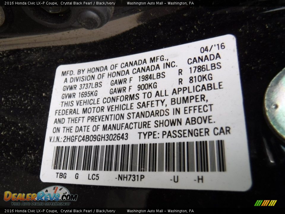 2016 Honda Civic LX-P Coupe Crystal Black Pearl / Black/Ivory Photo #24