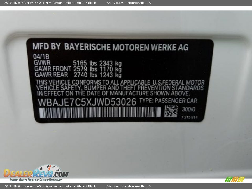2018 BMW 5 Series 540i xDrive Sedan Alpine White / Black Photo #10