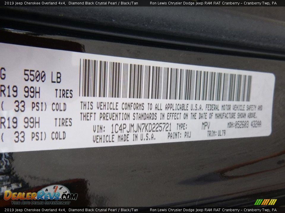 2019 Jeep Cherokee Overland 4x4 Diamond Black Crystal Pearl / Black/Tan Photo #15