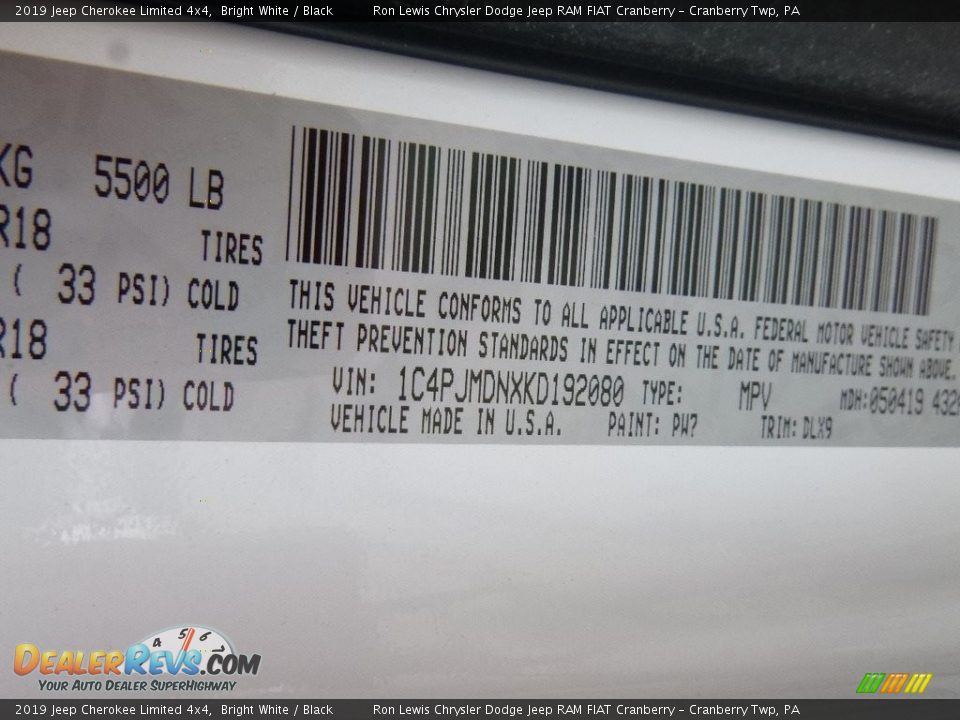 2019 Jeep Cherokee Limited 4x4 Bright White / Black Photo #14