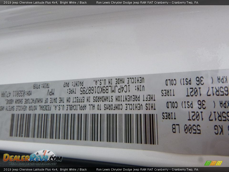 2019 Jeep Cherokee Latitude Plus 4x4 Bright White / Black Photo #15