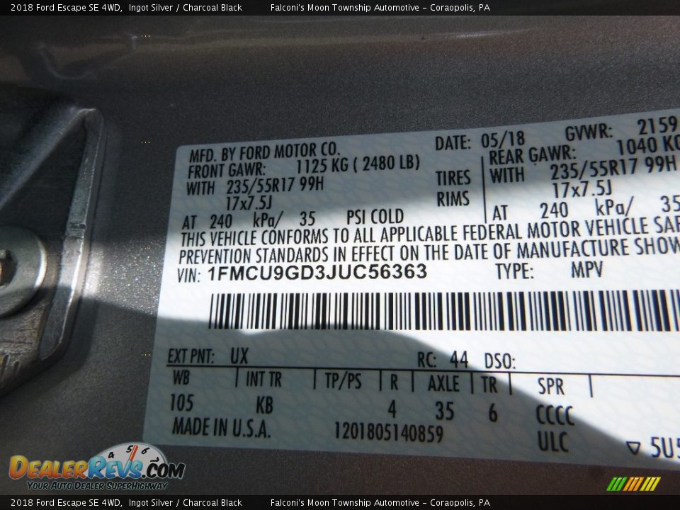 2018 Ford Escape SE 4WD Ingot Silver / Charcoal Black Photo #12