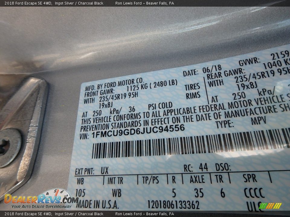 2018 Ford Escape SE 4WD Ingot Silver / Charcoal Black Photo #15