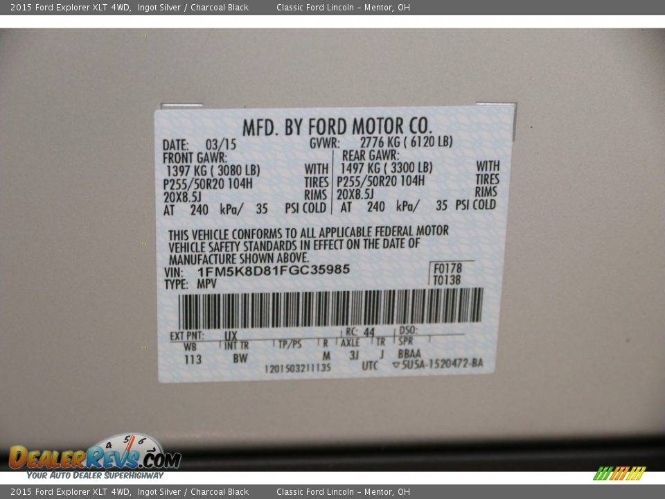 2015 Ford Explorer XLT 4WD Ingot Silver / Charcoal Black Photo #23