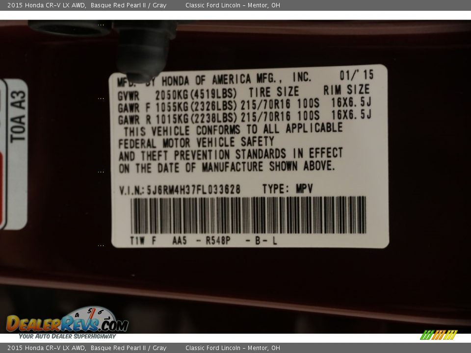 2015 Honda CR-V LX AWD Basque Red Pearl II / Gray Photo #24