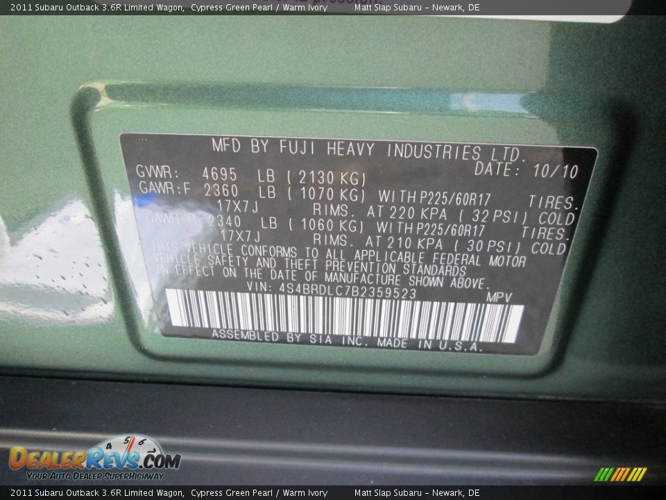 2011 Subaru Outback 3.6R Limited Wagon Cypress Green Pearl / Warm Ivory Photo #30
