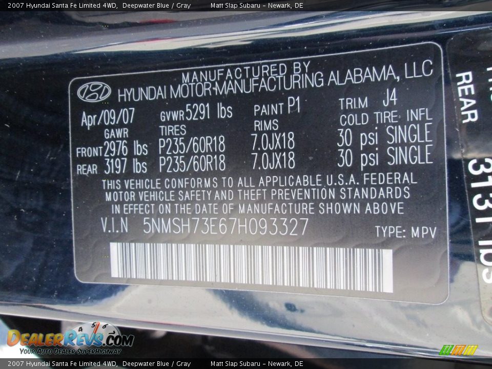 2007 Hyundai Santa Fe Limited 4WD Deepwater Blue / Gray Photo #28