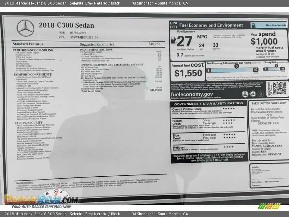 2018 Mercedes-Benz C 300 Sedan Selenite Grey Metallic / Black Photo #10