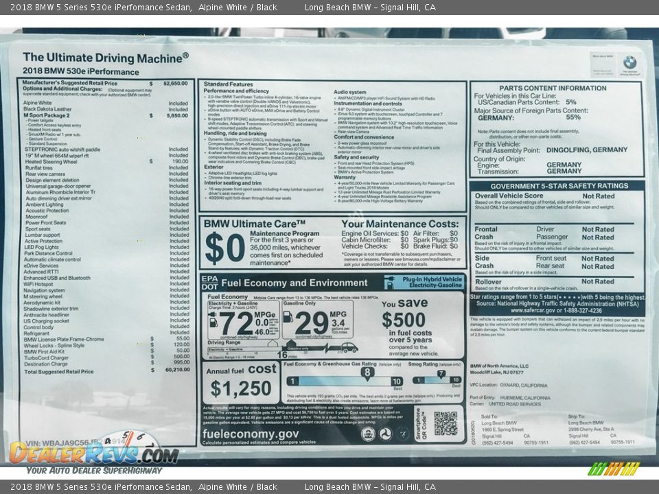 2018 BMW 5 Series 530e iPerfomance Sedan Alpine White / Black Photo #10