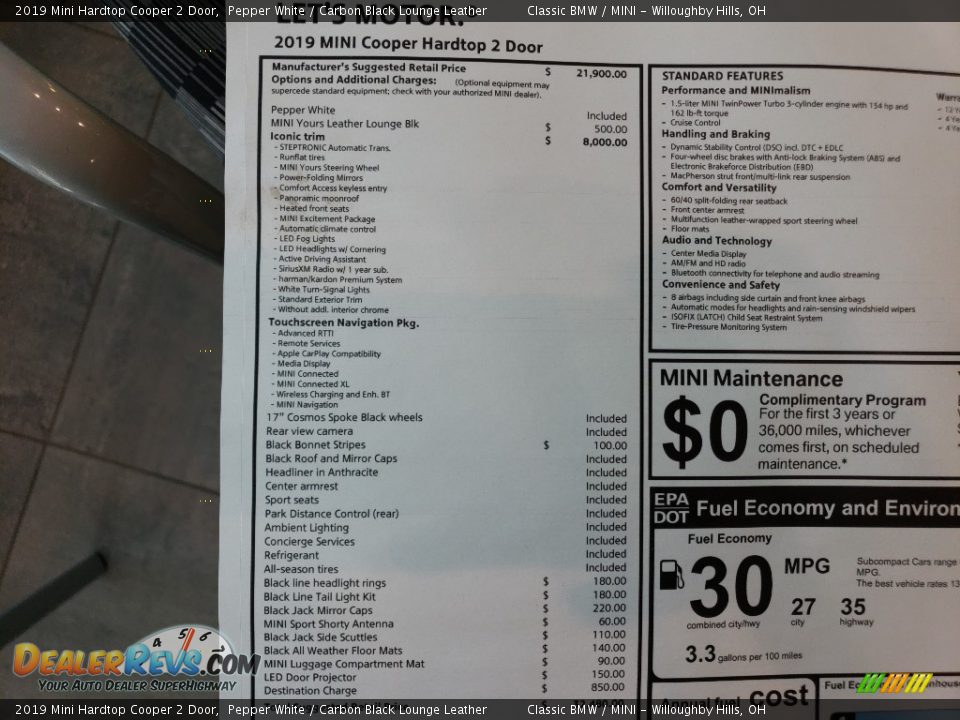 2019 Mini Hardtop Cooper 2 Door Pepper White / Carbon Black Lounge Leather Photo #9
