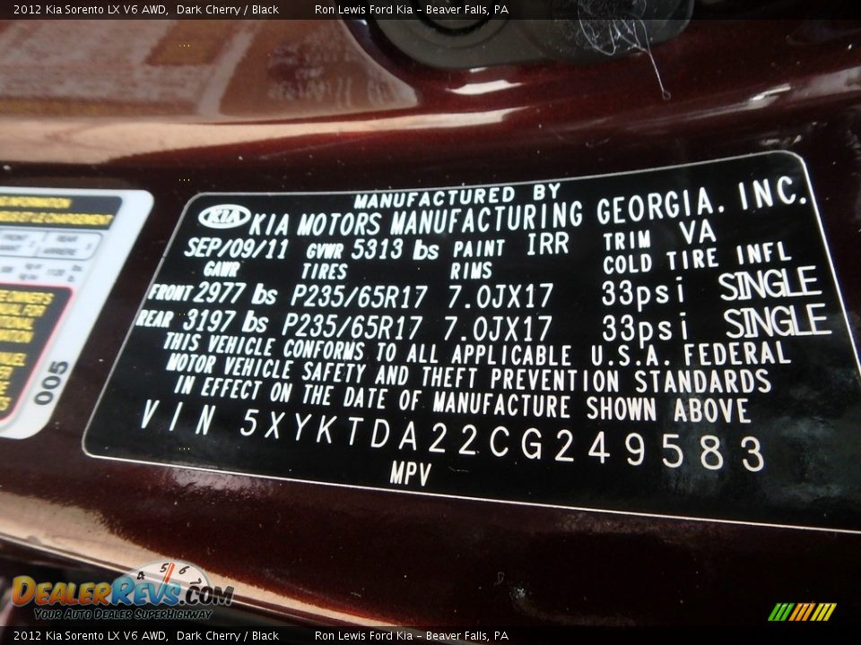 2012 Kia Sorento LX V6 AWD Dark Cherry / Black Photo #17