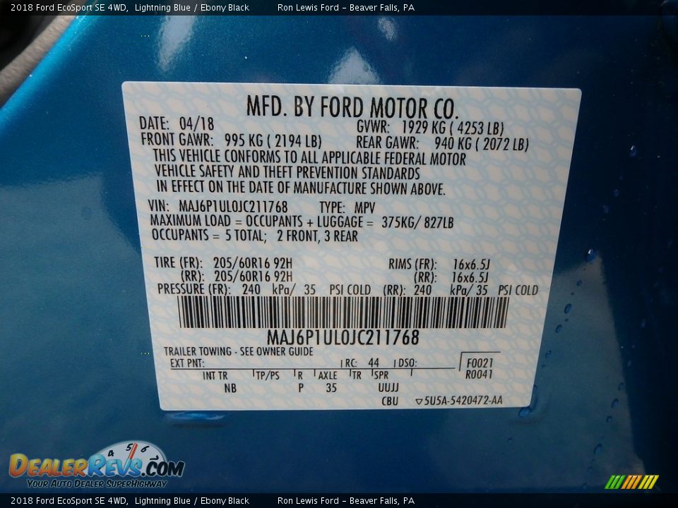 2018 Ford EcoSport SE 4WD Lightning Blue / Ebony Black Photo #16