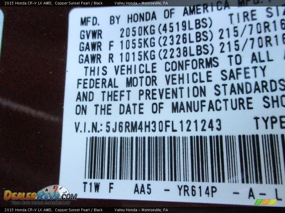 2015 Honda CR-V LX AWD Copper Sunset Pearl / Black Photo #19