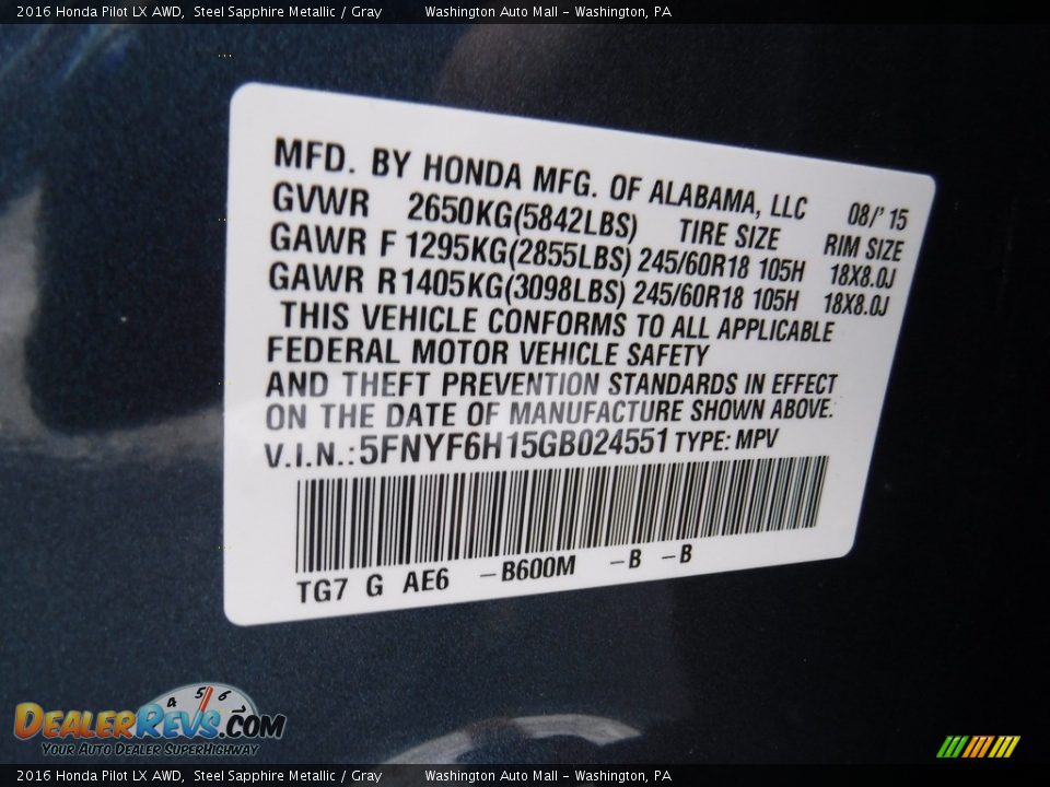 2016 Honda Pilot LX AWD Steel Sapphire Metallic / Gray Photo #24