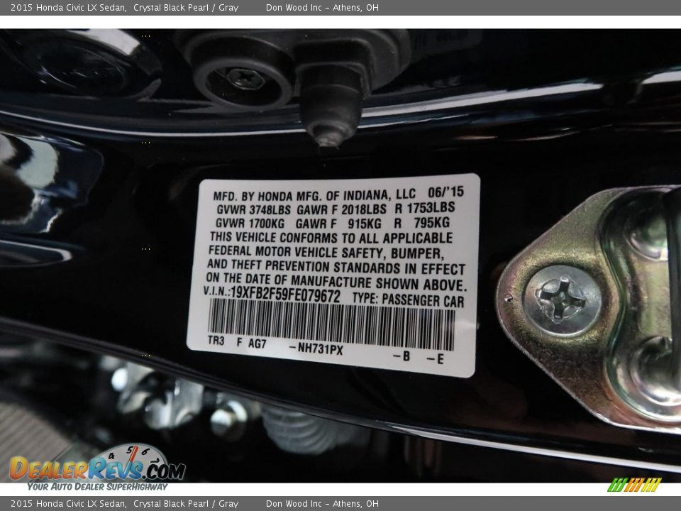 2015 Honda Civic LX Sedan Crystal Black Pearl / Gray Photo #36