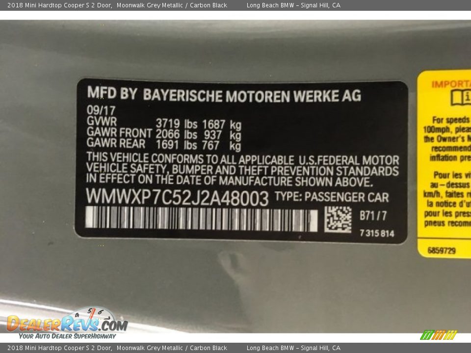 2018 Mini Hardtop Cooper S 2 Door Moonwalk Grey Metallic / Carbon Black Photo #21