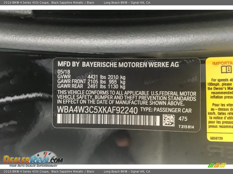 2019 BMW 4 Series 430i Coupe Black Sapphire Metallic / Black Photo #11