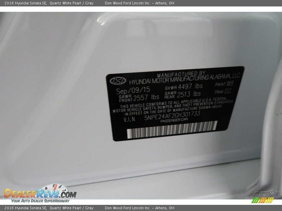 2016 Hyundai Sonata SE Quartz White Pearl / Gray Photo #36