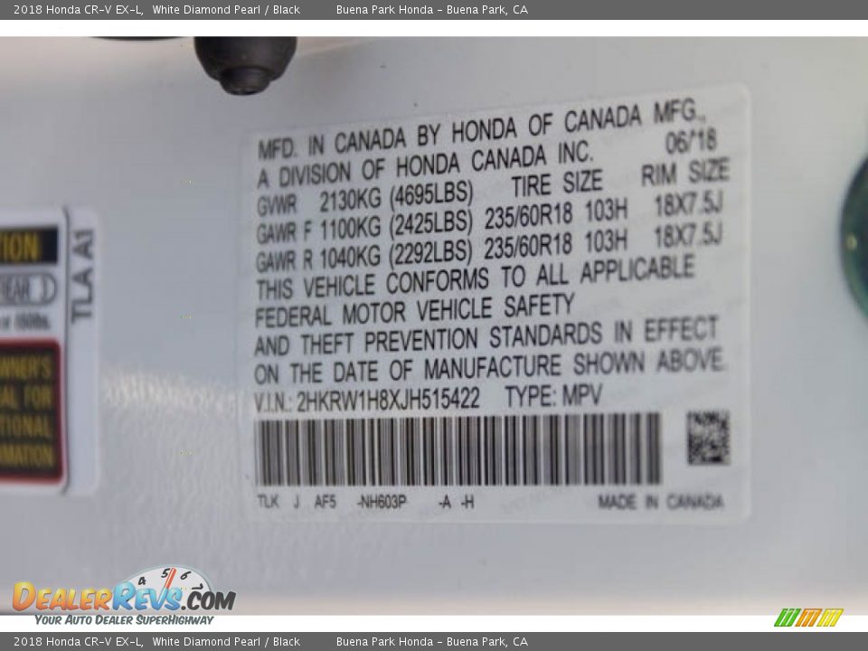 2018 Honda CR-V EX-L White Diamond Pearl / Black Photo #36