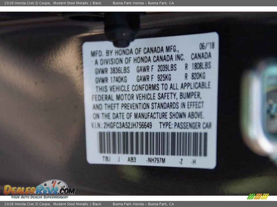 2018 Honda Civic Si Coupe Modern Steel Metallic / Black Photo #26