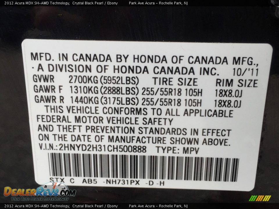 2012 Acura MDX SH-AWD Technology Crystal Black Pearl / Ebony Photo #33