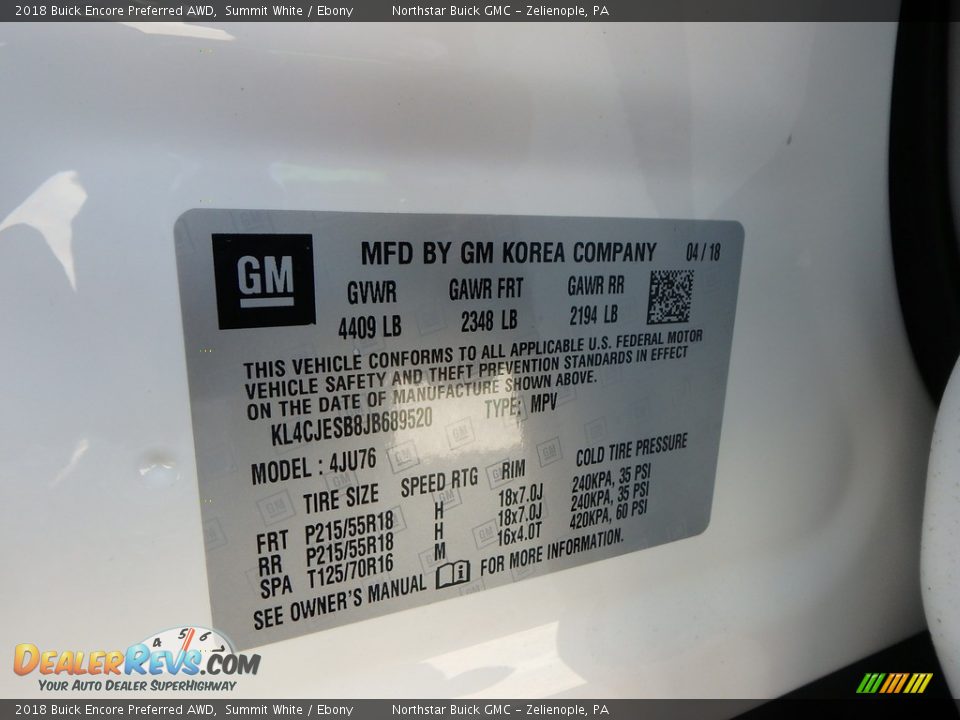 2018 Buick Encore Preferred AWD Summit White / Ebony Photo #16