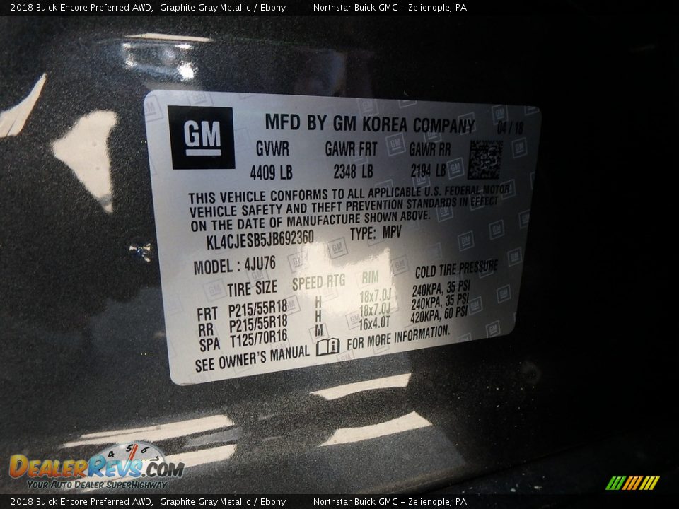 2018 Buick Encore Preferred AWD Graphite Gray Metallic / Ebony Photo #16