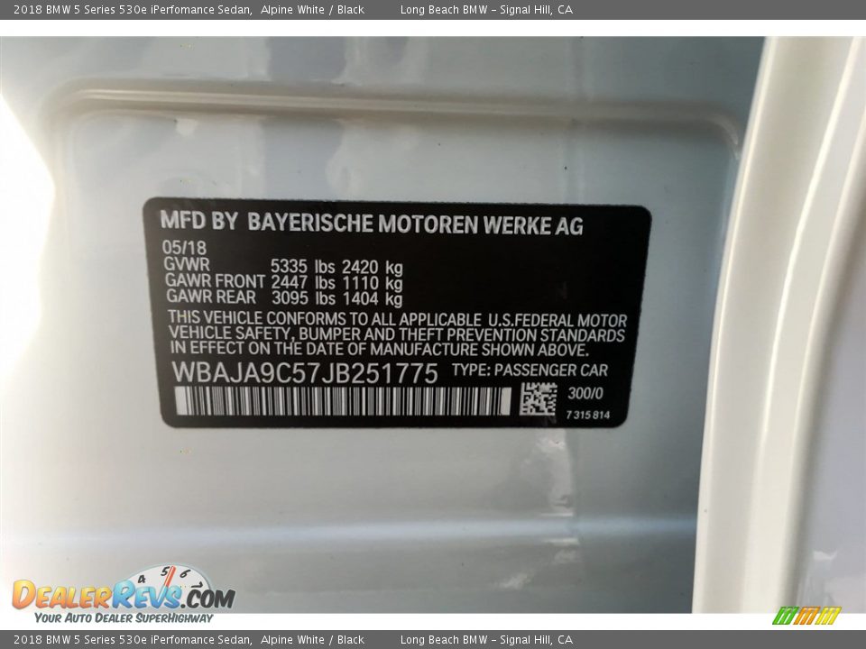 2018 BMW 5 Series 530e iPerfomance Sedan Alpine White / Black Photo #11